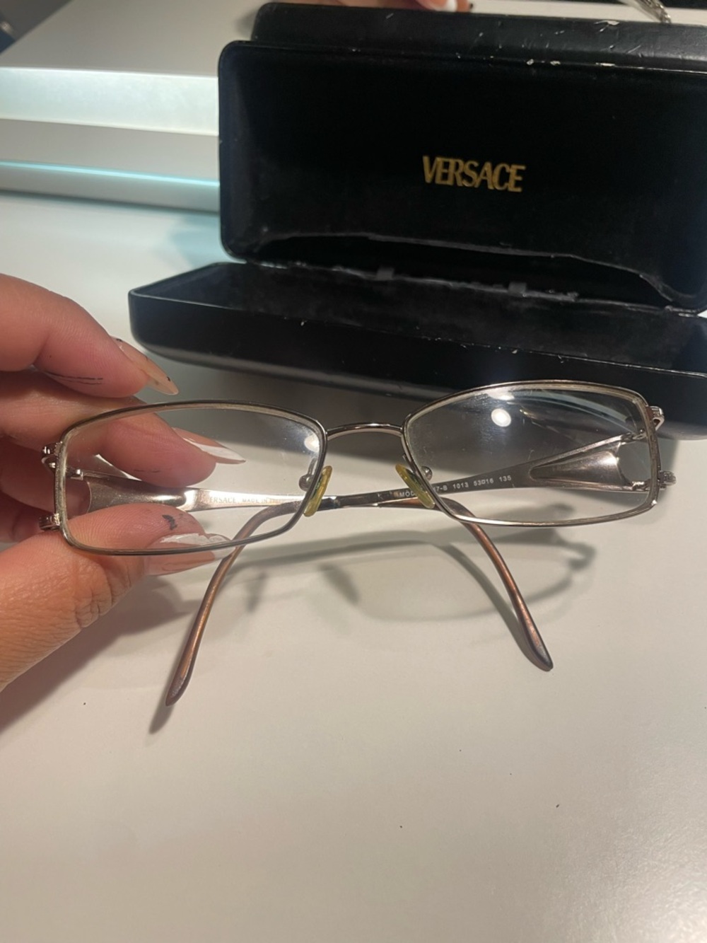Versace Silver Metal Rectangular Eyeglasses with Brown Temple Tips